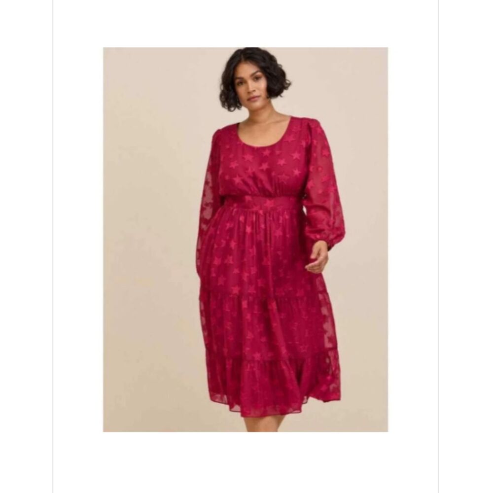Torrid Midi Clip Dot Chiffon Tiered Dress size 2X Burgundy NWT